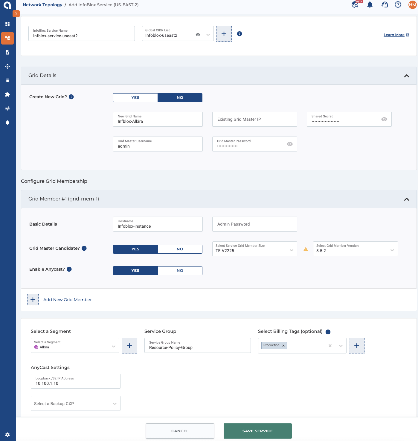 Alkira Portal UI Configuration for Infoblox