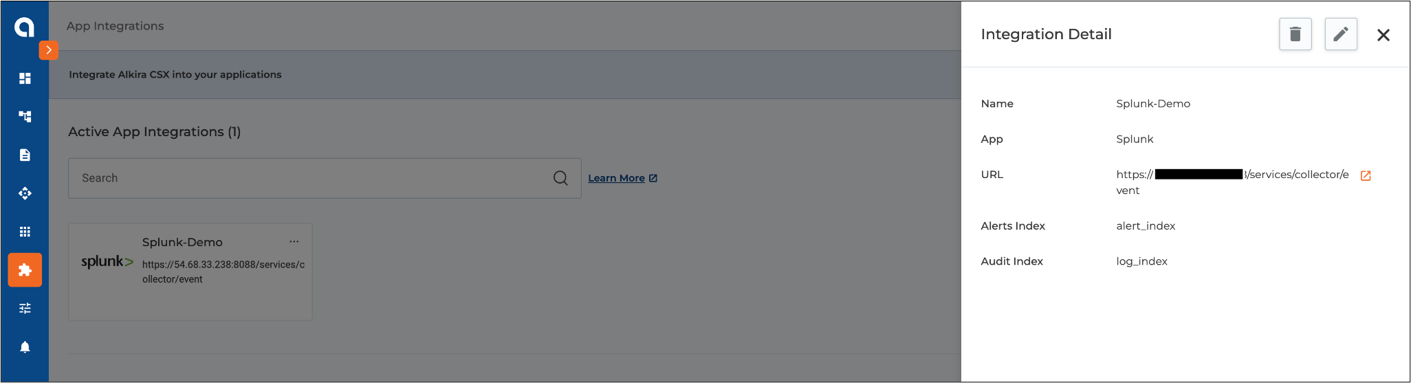 Alkira Portal showing Splunk Integration