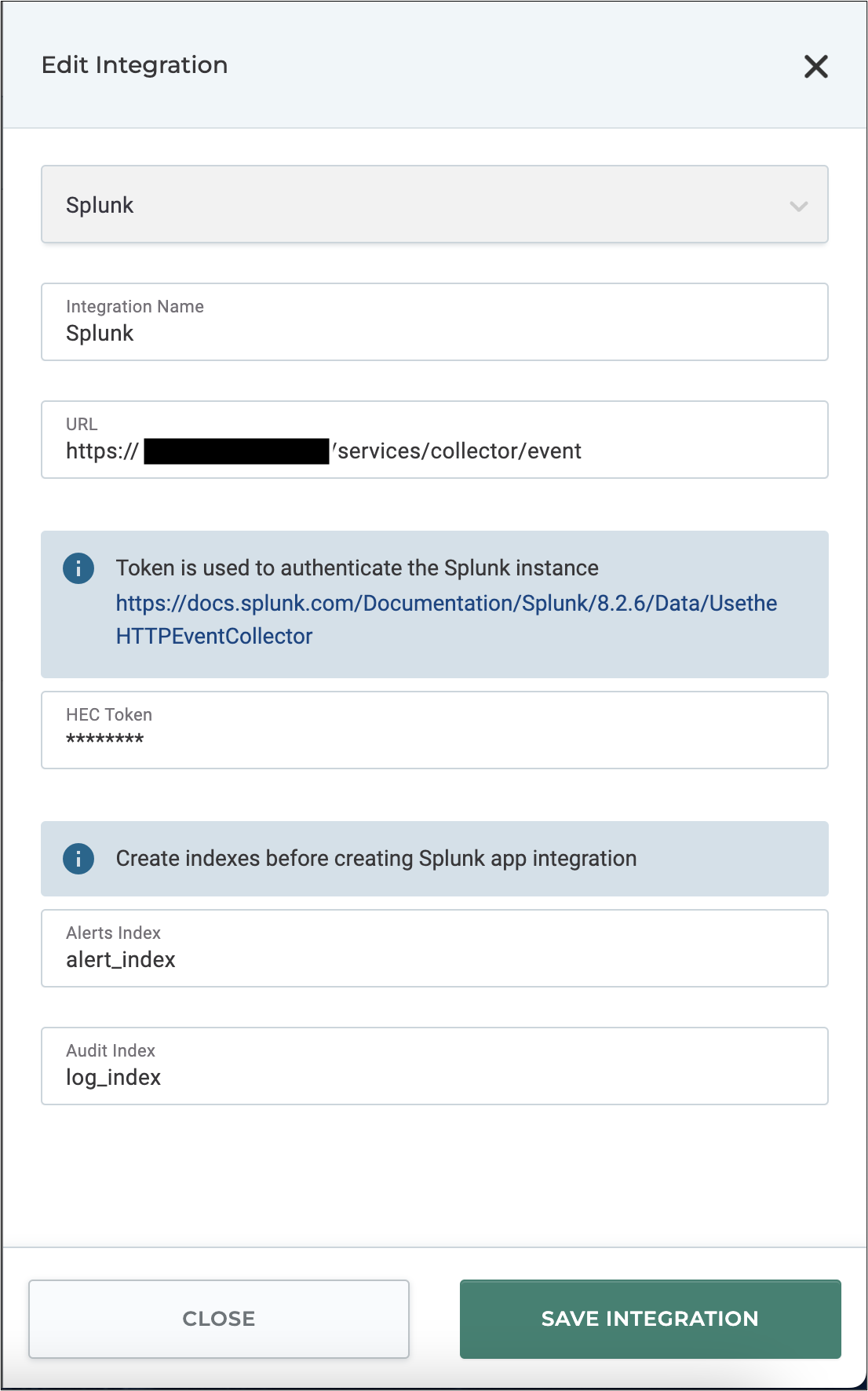 Figure 2: Alkira Portal - Splunk Integration Configuration