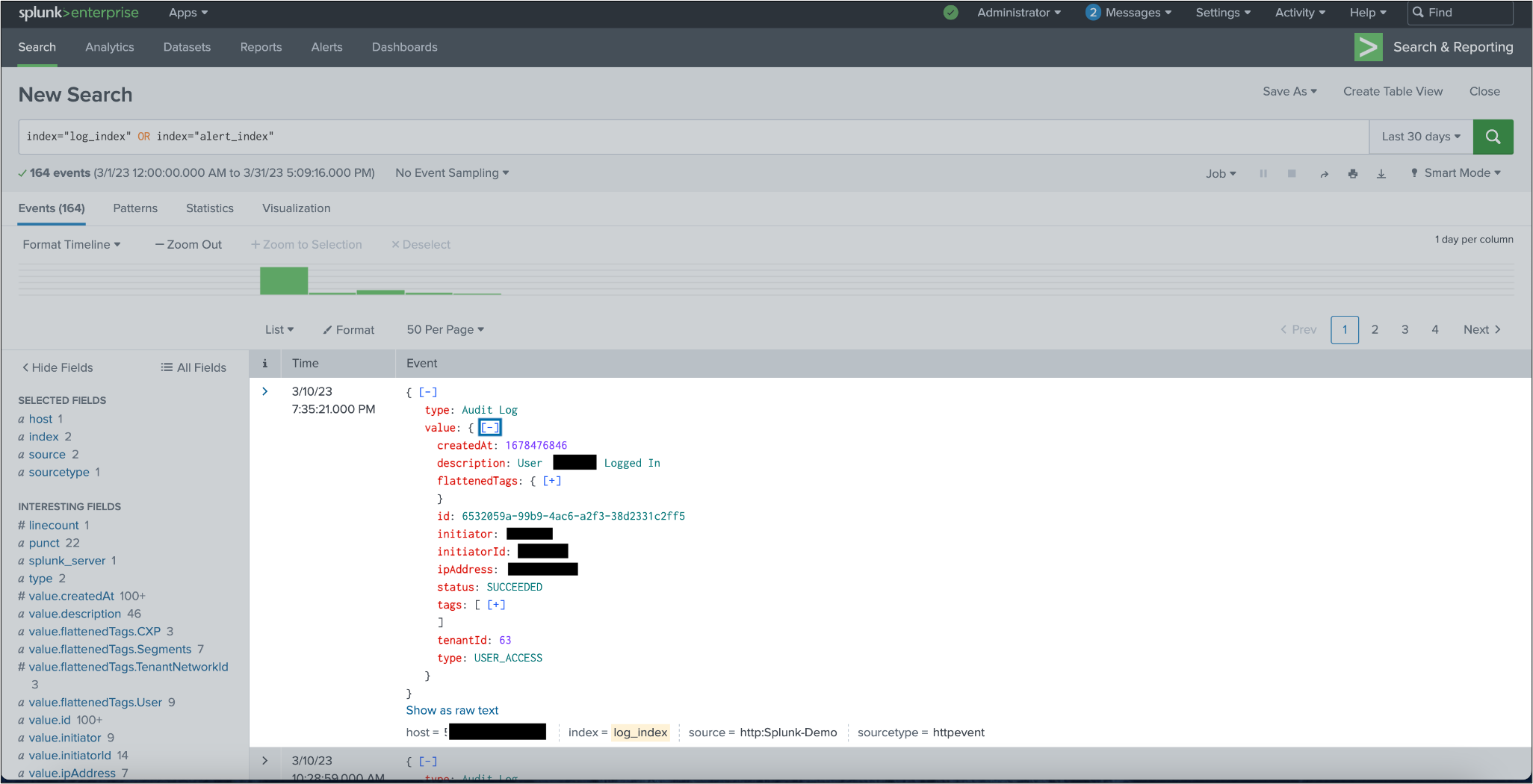 Figure 3: Logs on Splunk Dashboard