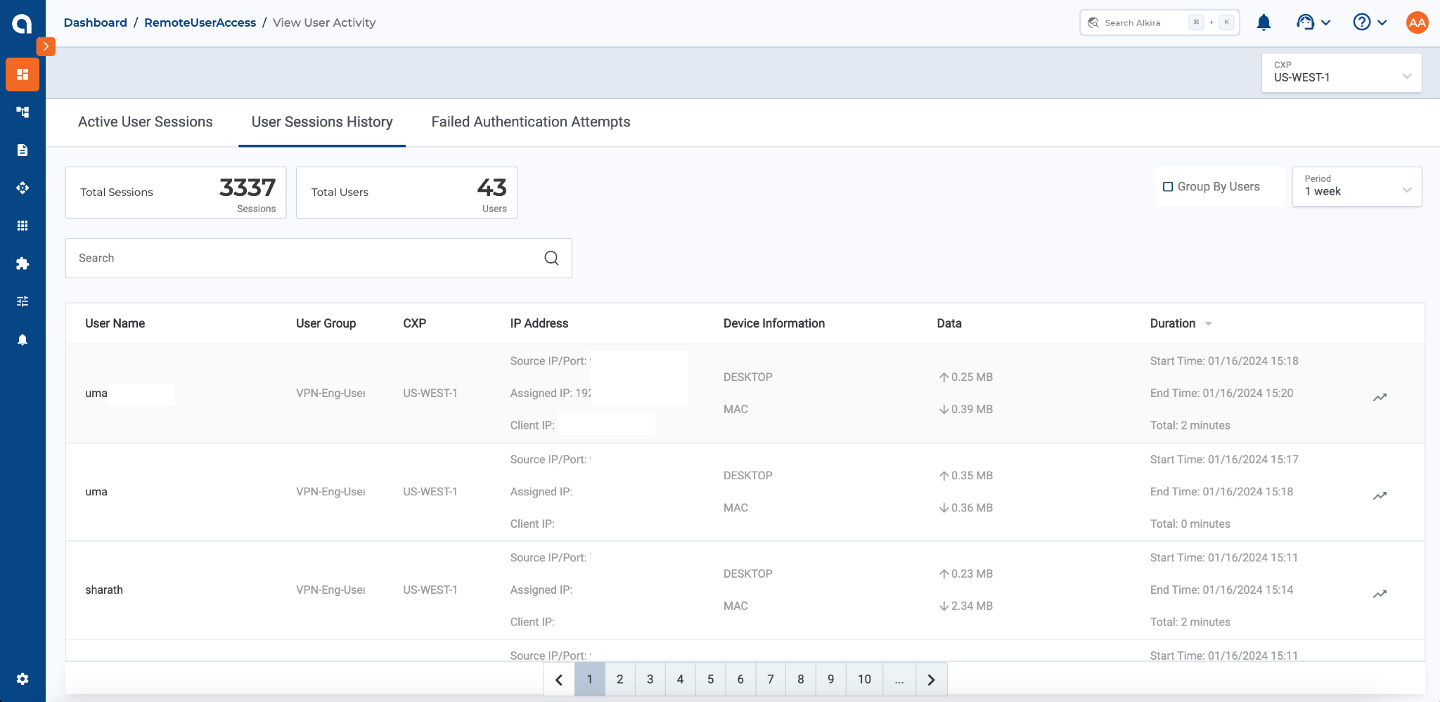 Alkira Portal showing User Sessions History