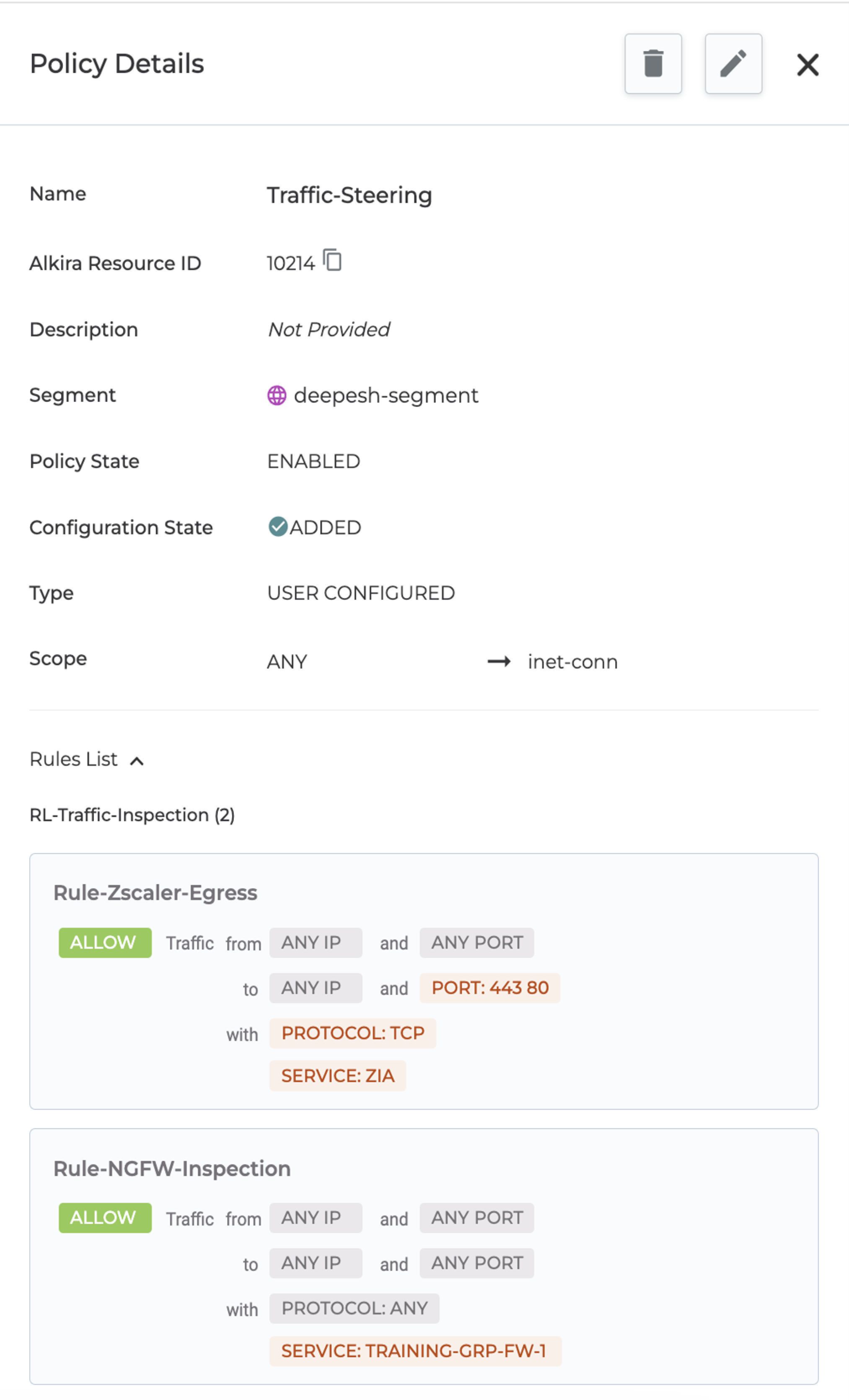 Alkira Policy example for Traffic Steering